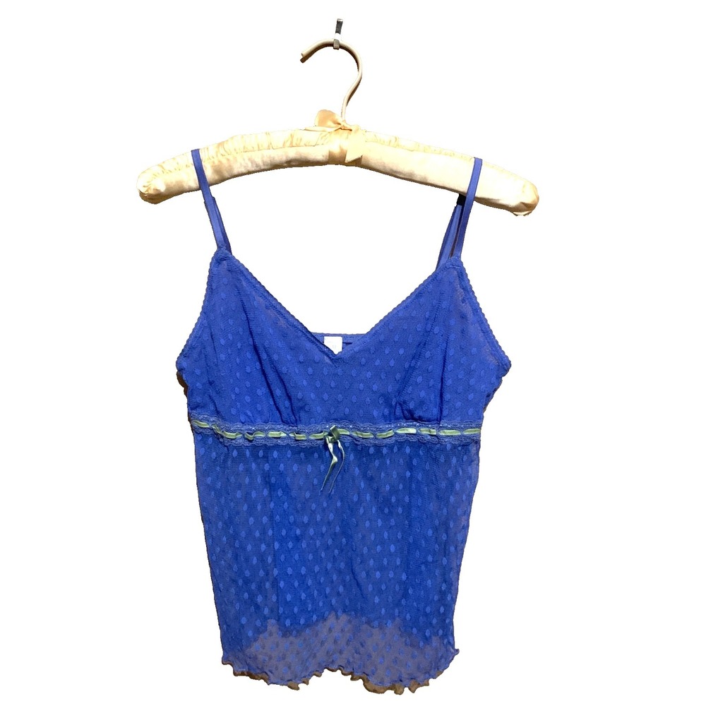 Vintage 2006 GAP Blue Swiss Dot Mesh Camisole Y2K Babydoll Lace Bow Cami Large